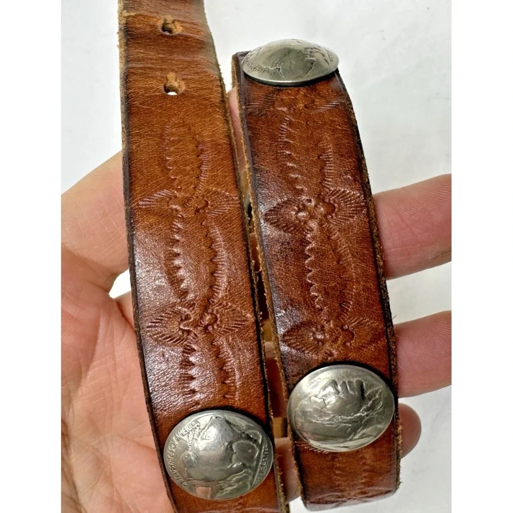Buffalo Head Nickel Youth Belt 28 Handcrafted Brown Leather Tooled Western Vtg